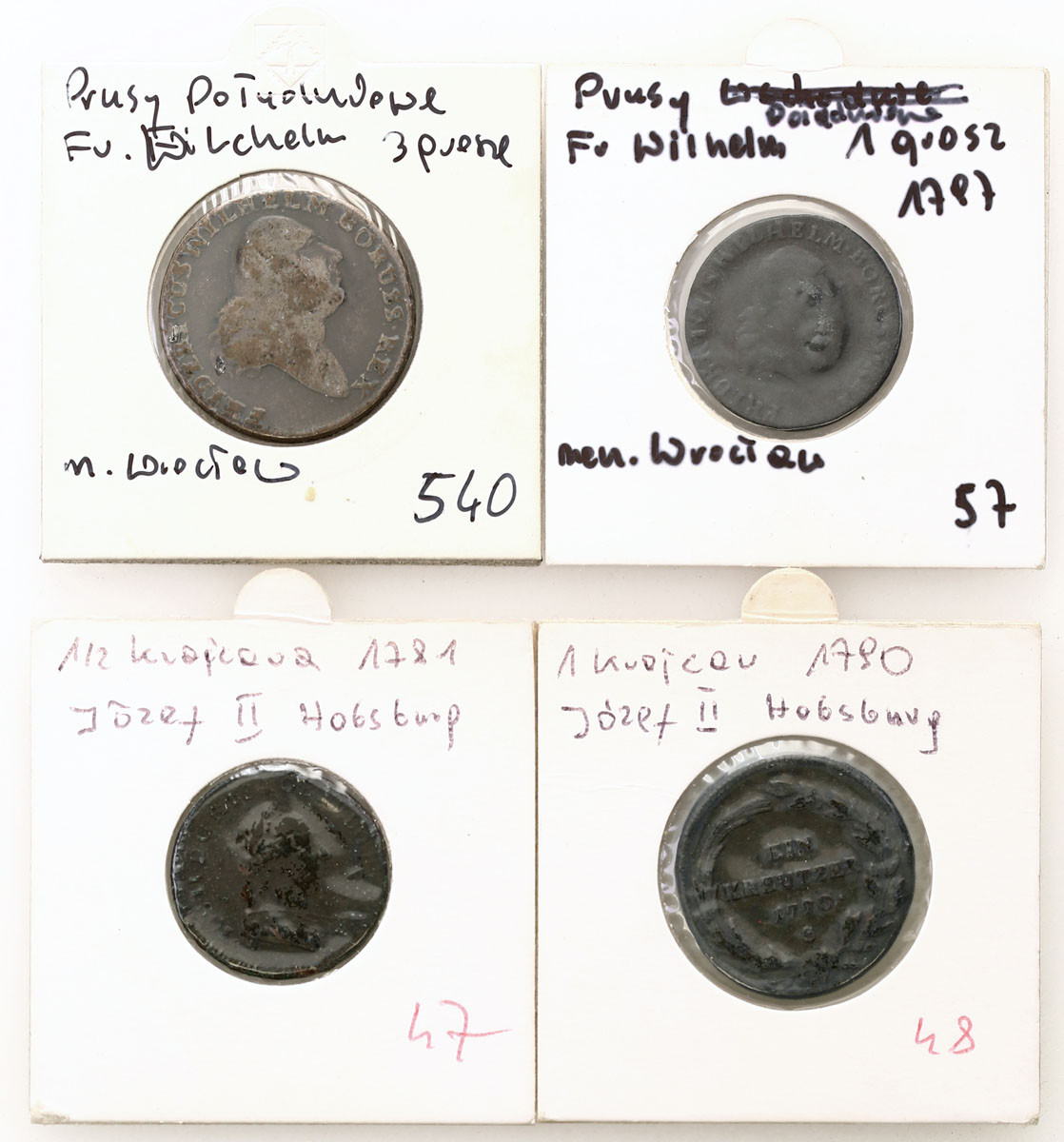 Prusy Południowe i Austria. 1/2 krajcara, krajcar, grosz, trojak 1781-1797, zestaw 4 monet
